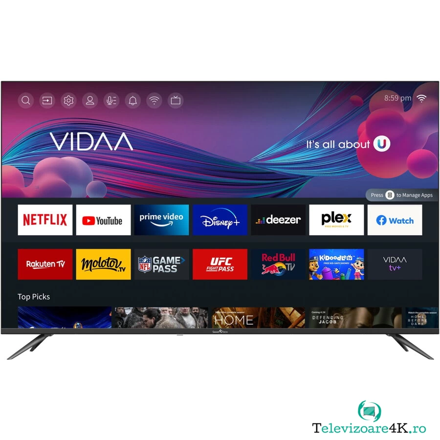 Smart Tech Televizor LED Smart Tech 55UV10V1, 138 cm, Ultra HD 4K, Smart TV VIDAA, WiFi, CI+, Negru la 1,399.00 lei ron